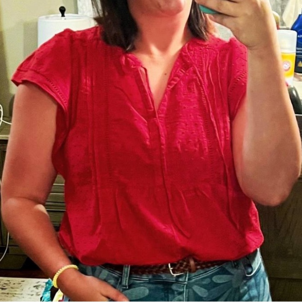 LOFT Vibrant Red Blouse with Eyelet and Textured Detail